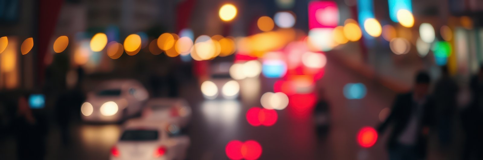 Urban nightlife filled with colorful lights and blurred movement in a bustling city at night